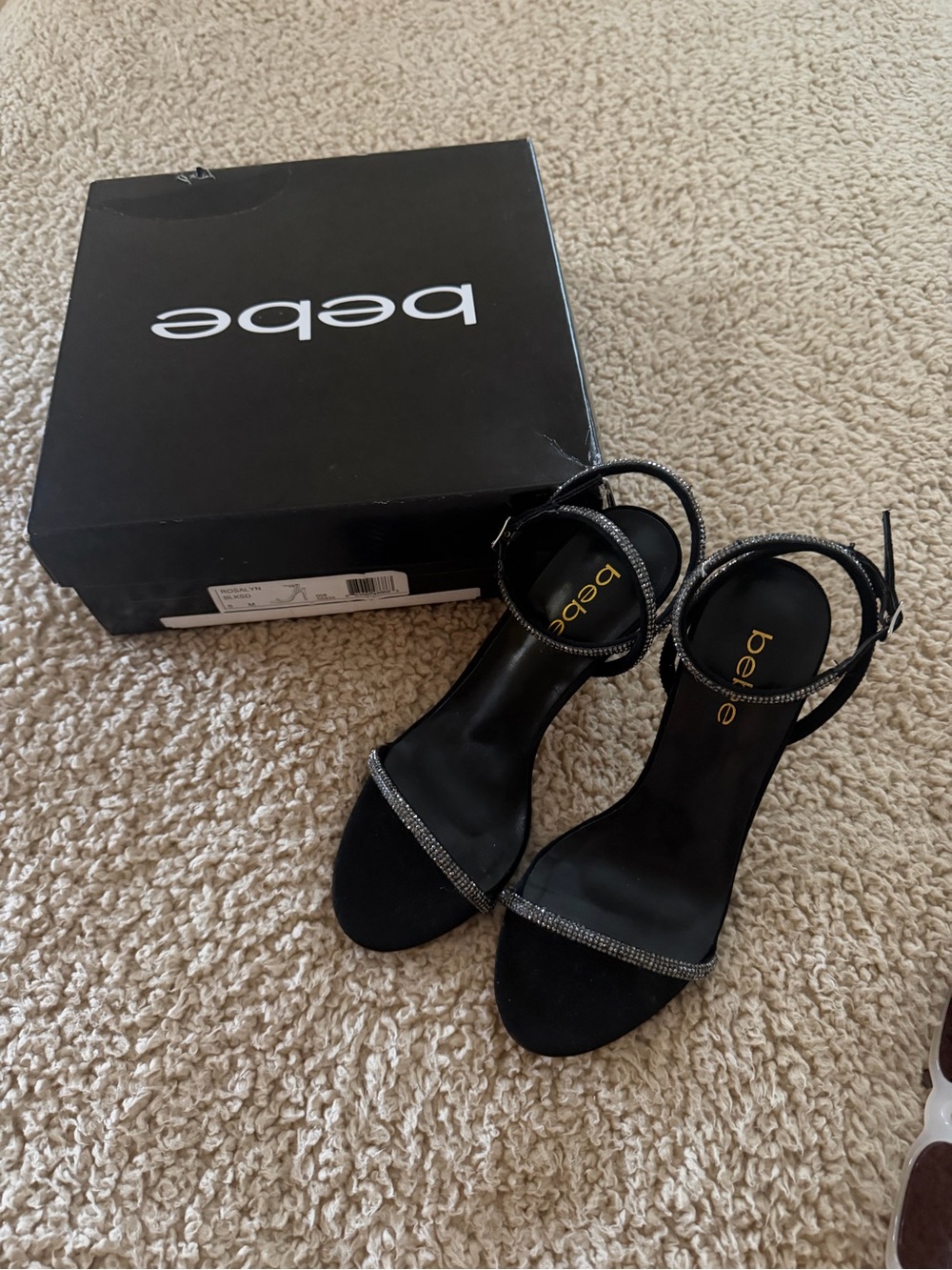 BEBE Rosalyn Rhinestone Stiletto Sandals Black Size 8 NWT